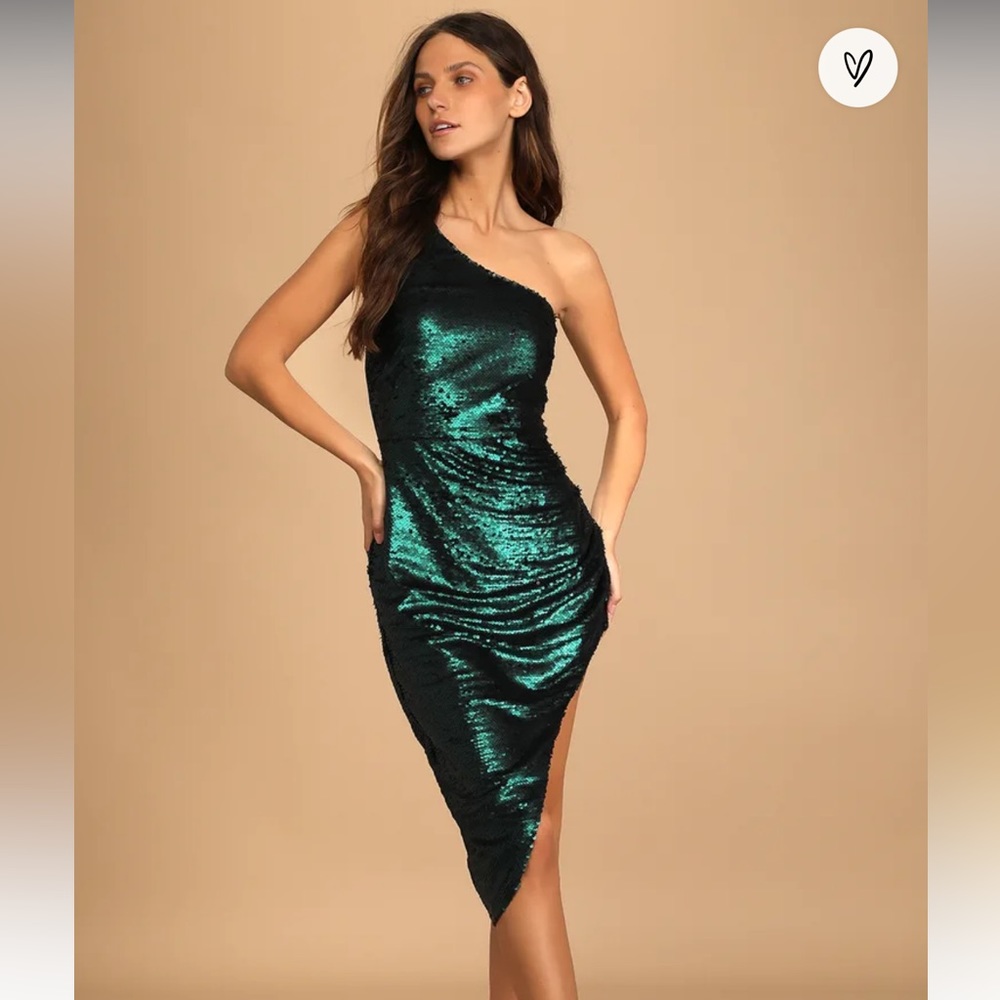 Emerald Green Sequin Sexy One-Shoulder Midi Dress Lulu NWT Medium